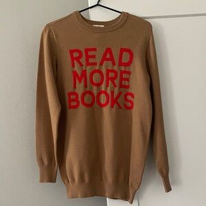 Joanie Camel Brown Sweater with Red "READ MORE BOOKS" Text